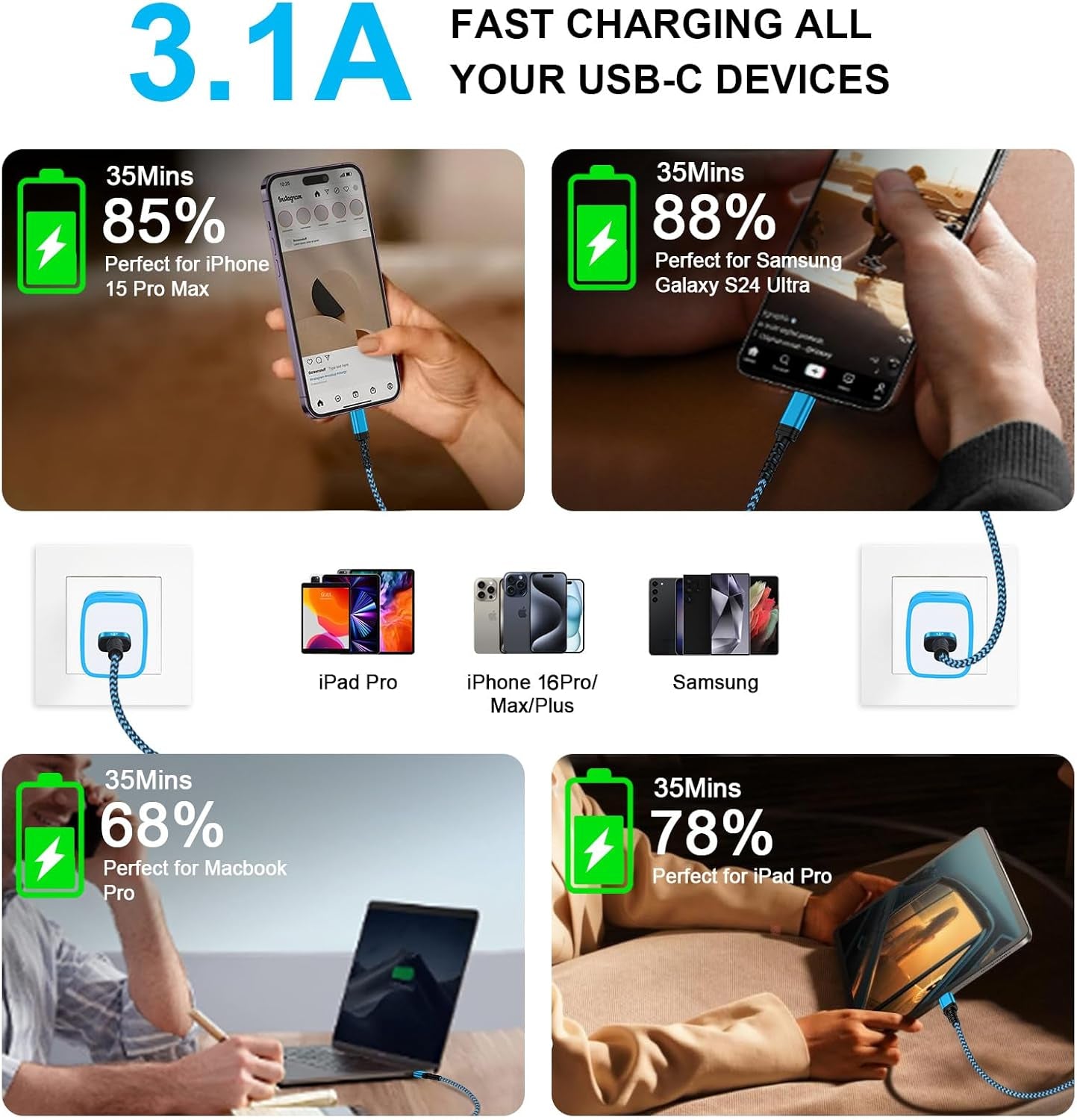 Car Carplay Cable Fast Charging 3Ft/2Pack for Iphone 17 16E/16/16 Pro/16 Pro Max/16 Plus/15/15 Pro/15 Pro Max,3.1A USB Type C Charger Cord Car Fast Cable for Samsung Galaxy S25 Edge A17,Pixel 10 Pro