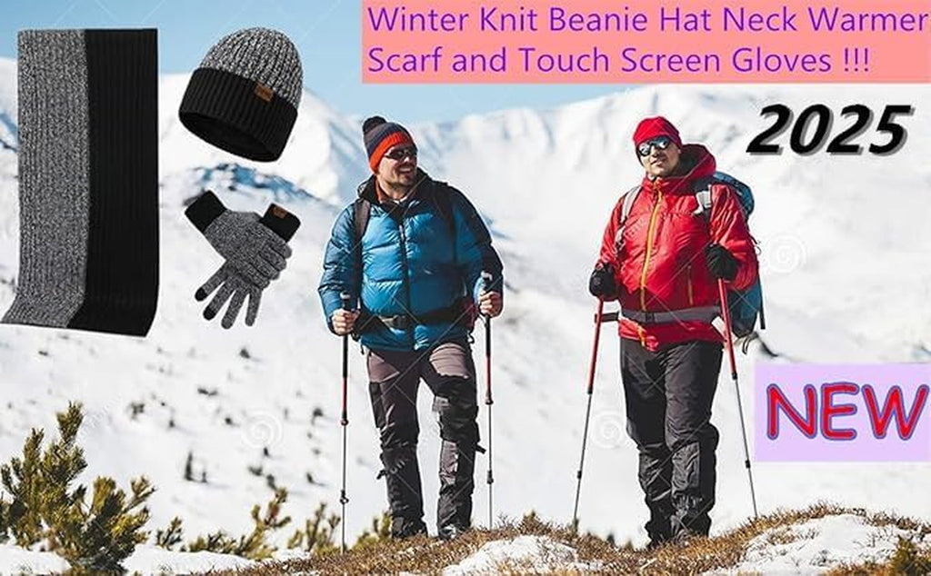 Mens Winter Scarf Hats and Gloves Set Knit Beanie Hat Warmer Scarfs and Touchscreen Glove 3 Pcs for Men