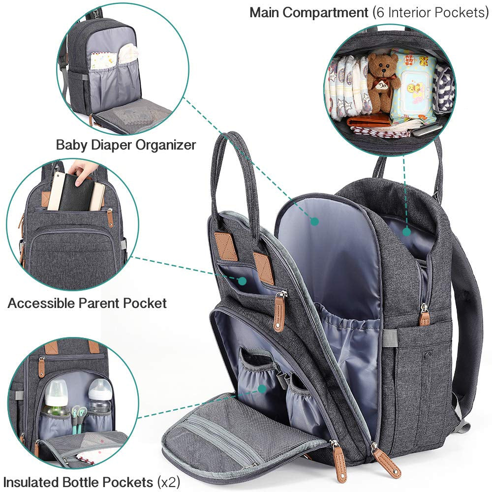 Diaper Bag Backpack,  Large Unisex Baby Bags Multifunction Travel Back Pack for Mom and Dad with Changing Pad and Stroller Straps, Dark Gray